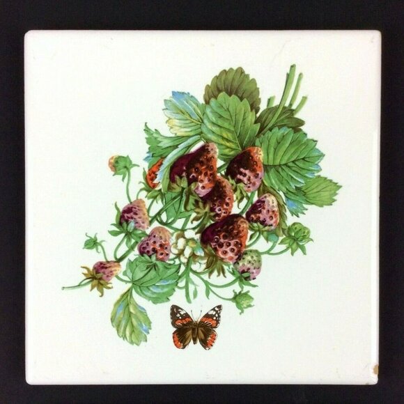 Decorative Ceramic Tiles Set Of 2 Berries Butterflies Design Imola Coop Italy - Picture 3 of 8